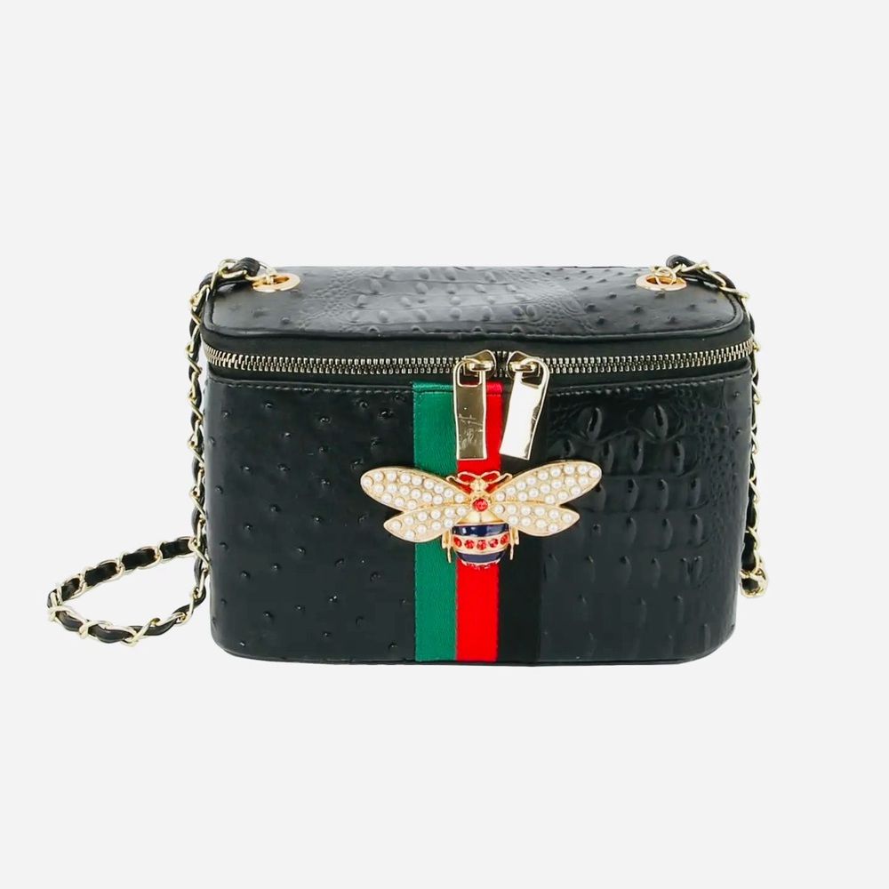 Black Designer Bee Embossed Crossbody Bag with Gold Accents